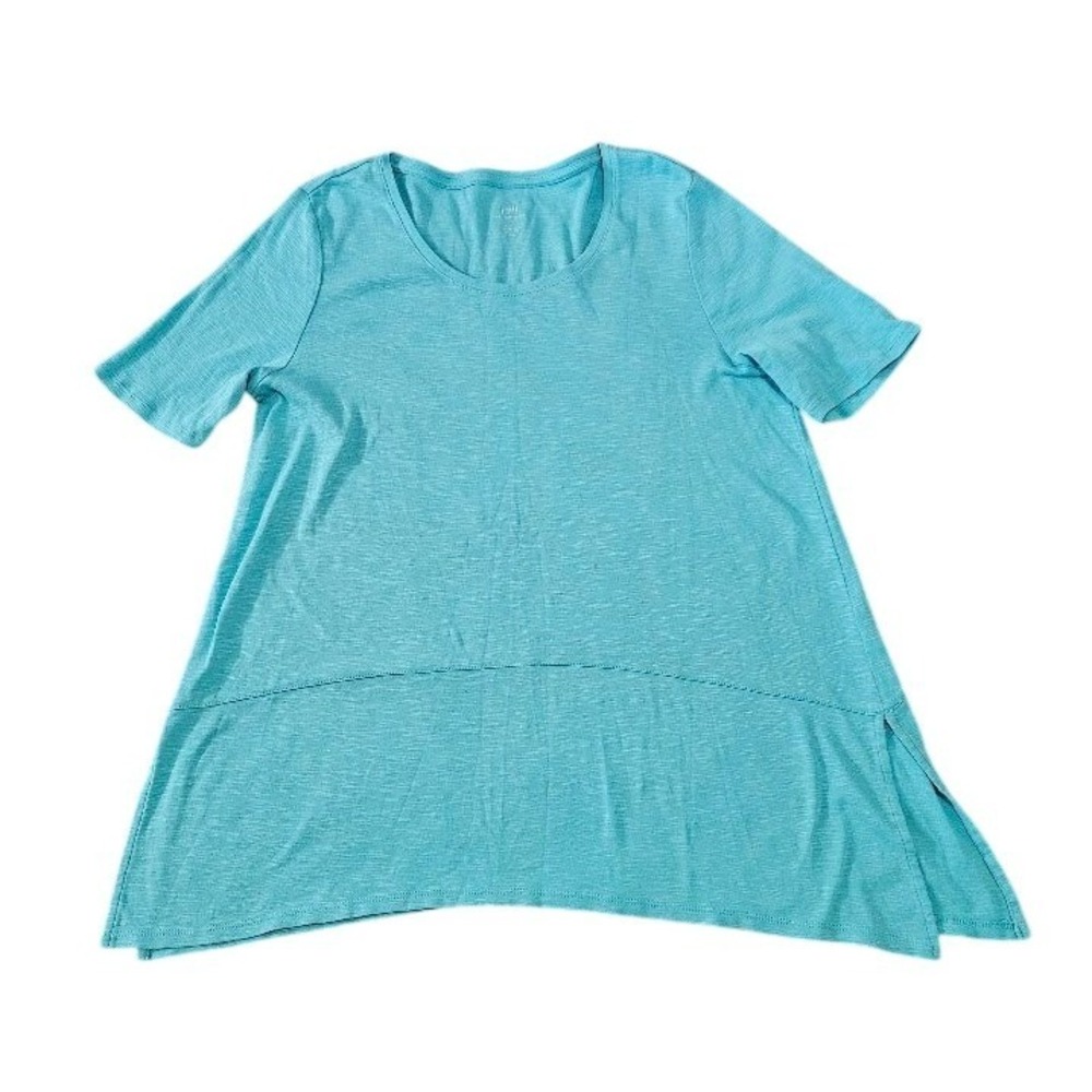 J. Jill Women Large Petite Pima Dipped Hem Tunic Top Aqua Blue Short Sleeve